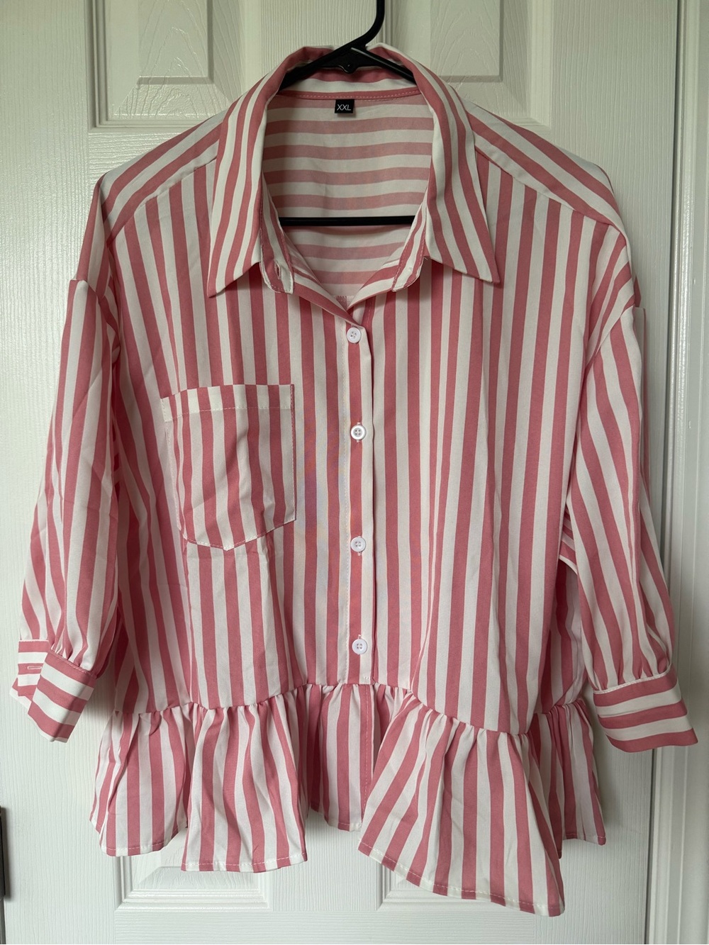 Pink & White Striped Ruffle Hem Button-Up Shirt
